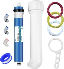 HUINING Reverse Osmosis Membrane 50/75/100/150/400/500GPD and RO Membrane Housing Kit with Quick Connector,Check Valve,Water Pipe (style: 75GPD SET)
